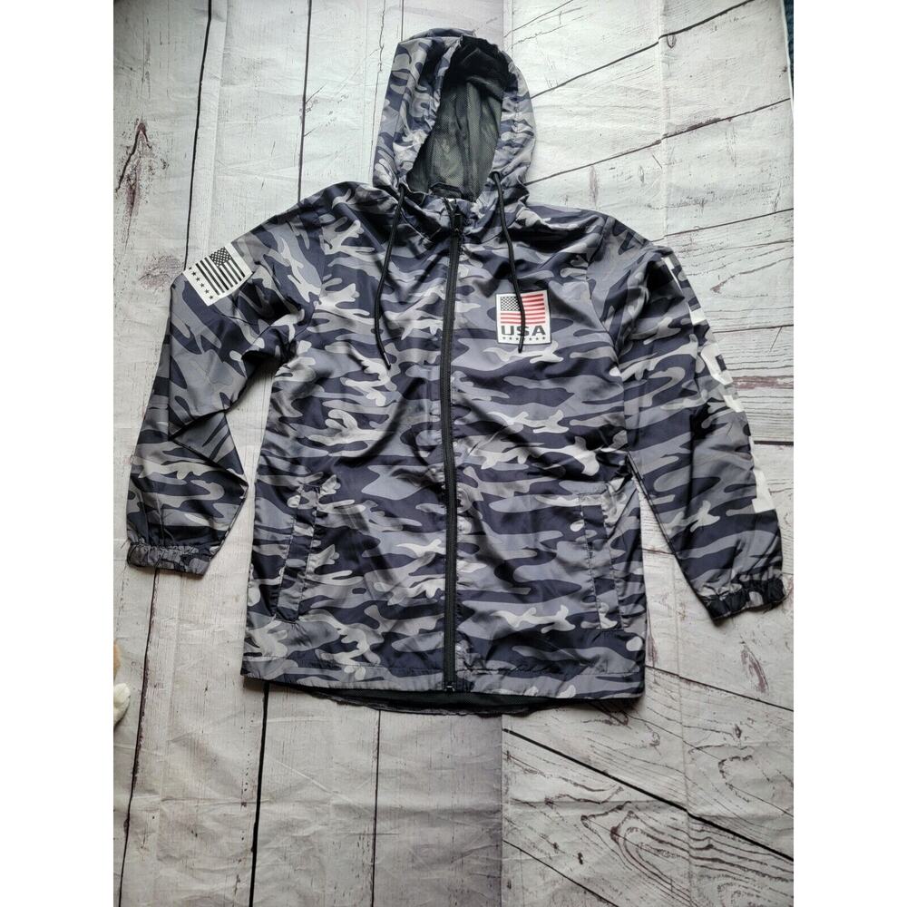 Striker Fifa Soccer Full Zip Windbreaker Adult Small Gray Camo Pockets Hooded